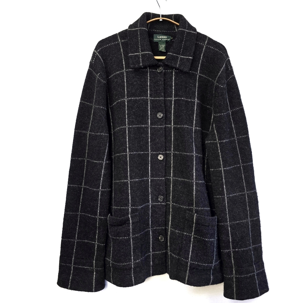 Lauren Ralph Lauren  Wool Cardigan Button Down Lambswool Loose Fit Front Pockets